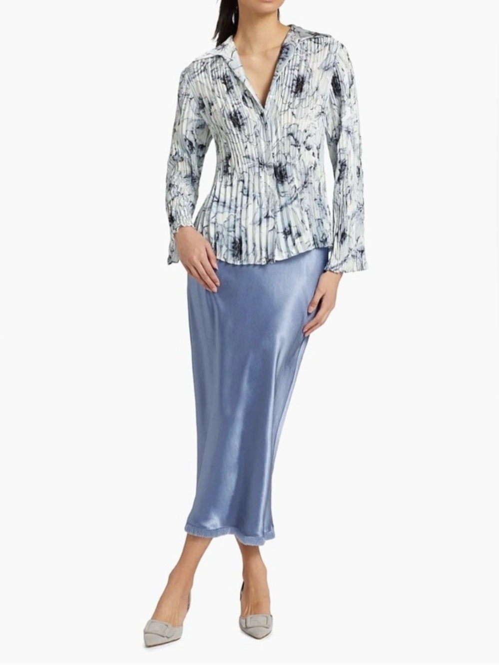 Vince Washed Lily Pleated Blouse White Blue Floral Plisse Shirt Top Size Large